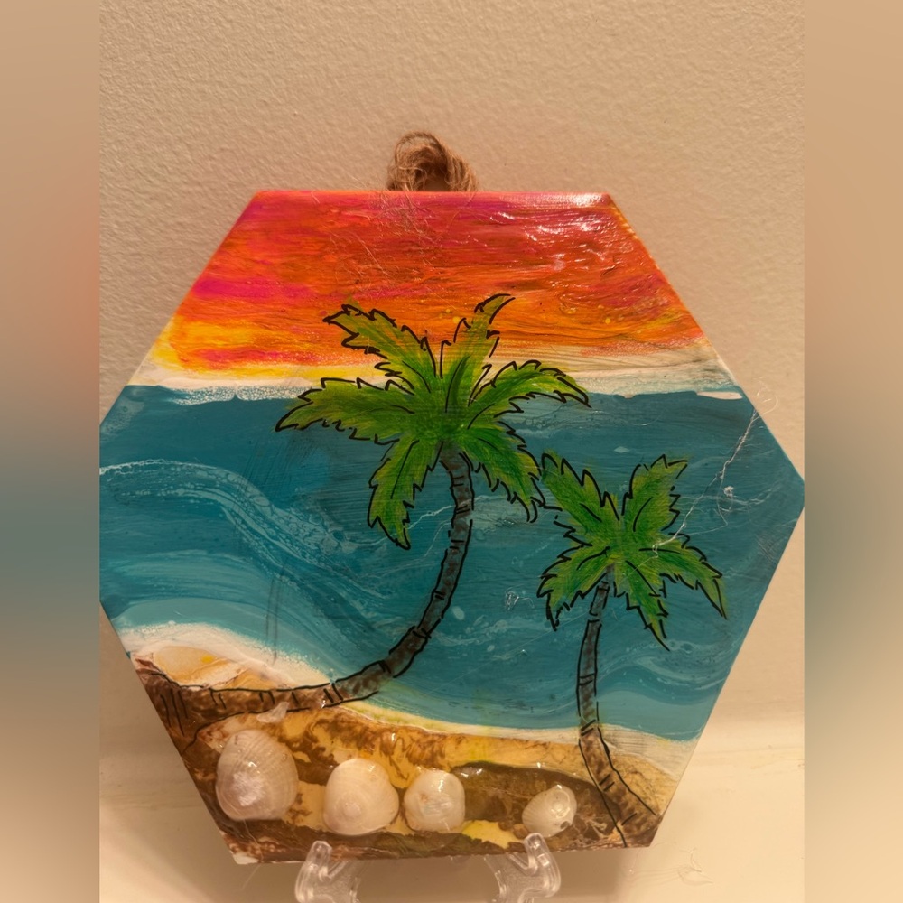 Hand Painted Palm Tree Sunset/Sunrise Beach Tile w/Easel  4”x 6” Great Gift Idea